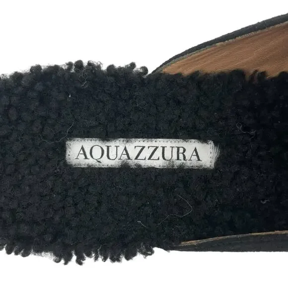 Aquazzura Foxy Mules Pom Pom Suede Shearling Black Size 40